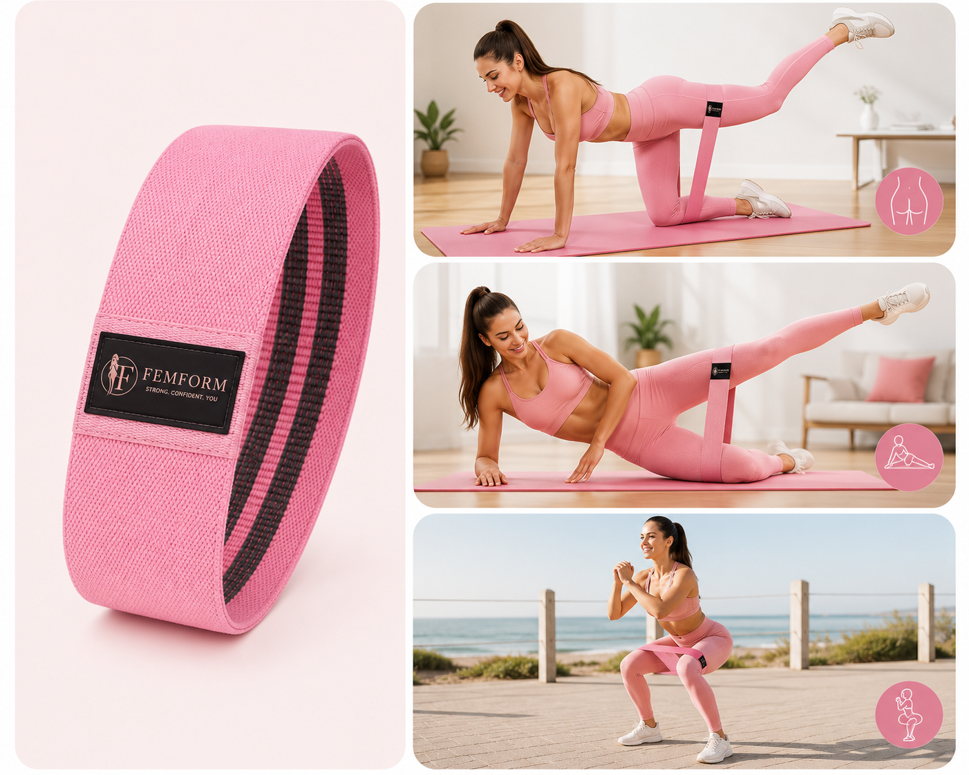 FemForm pink resistance band with lifestyle training shots