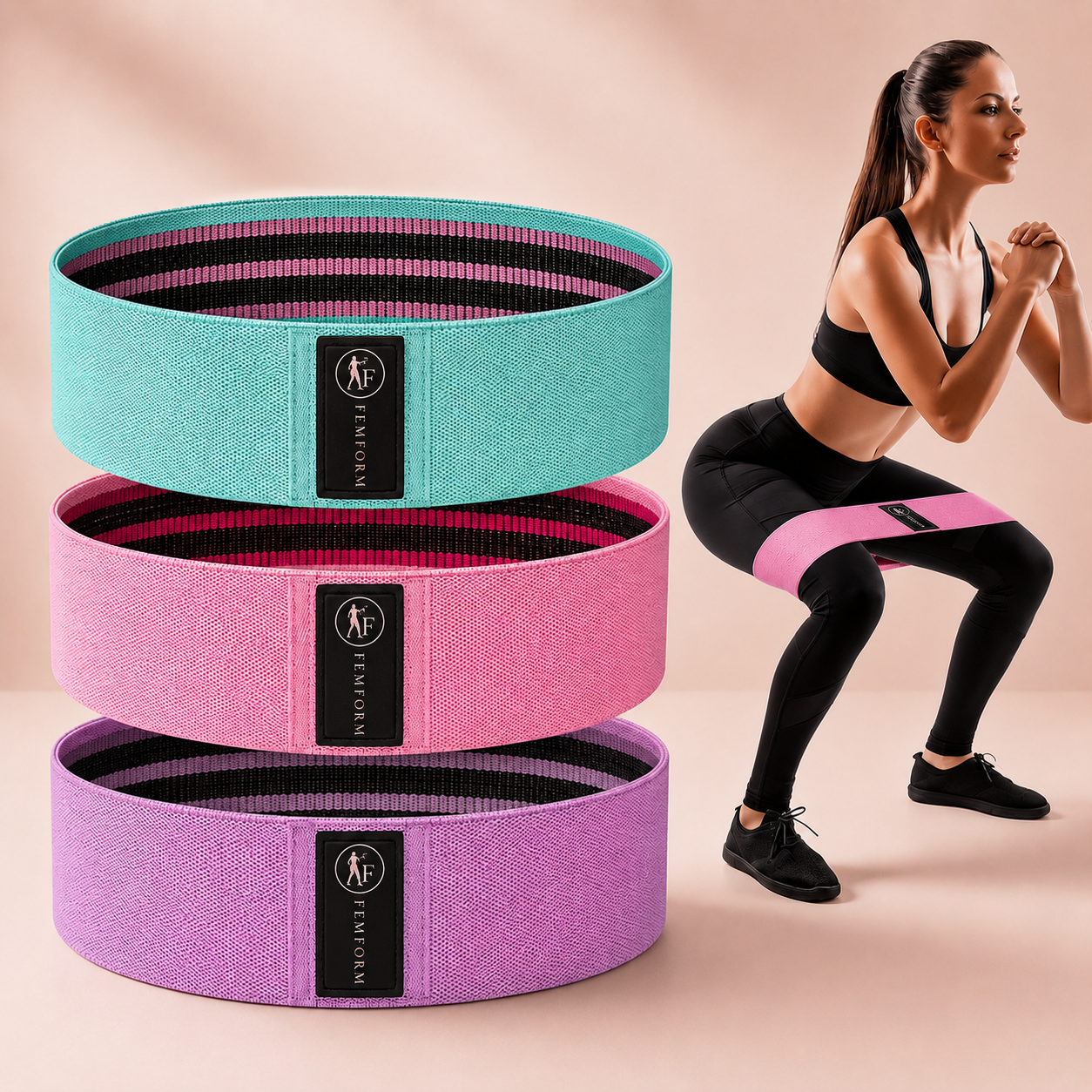 FemForm fabric resistance bands in mint, pink and purple with woman training