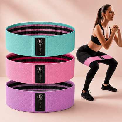 FemForm fabric resistance bands in mint, pink and purple with woman training